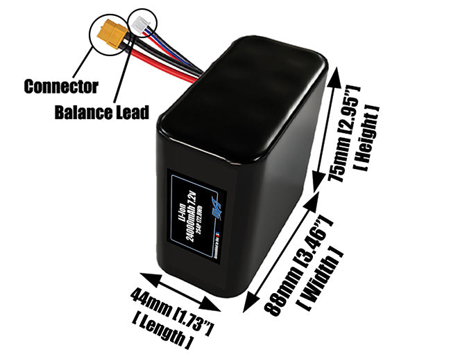 Size reference photo of the 24000mAh 7.2V lithium ion pack showing 44 mm by 88 mm by 75 mm dimensions ideal for drones or large robotic systems where space matters.