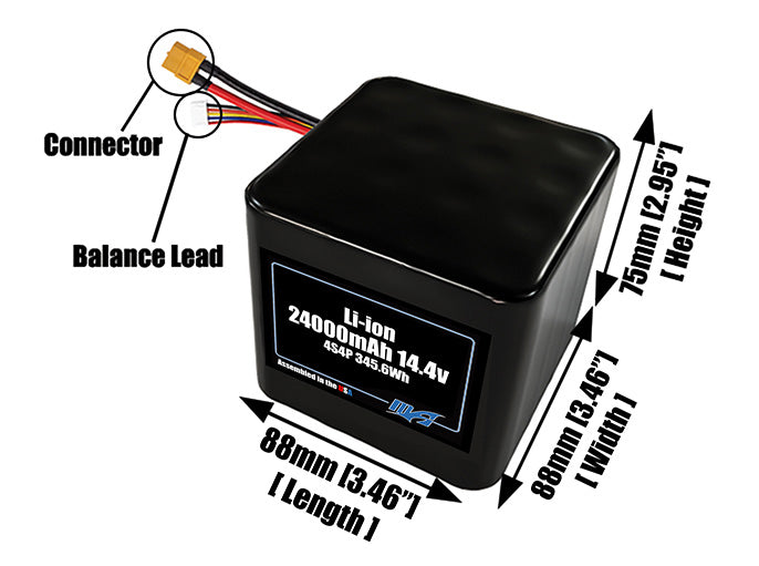 Size reference photo of the 24000mAh 14.4V lithium ion pack showing 88 mm by 88 mm by 75 mm dimensions ideal for drones or large robotic systems where space matters.