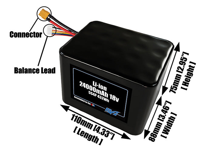 Size reference photo of the 24000mAh 18V lithium ion pack showing 110 mm by 88 mm by 75 mm dimensions ideal for drones or large robotic systems where space matters.