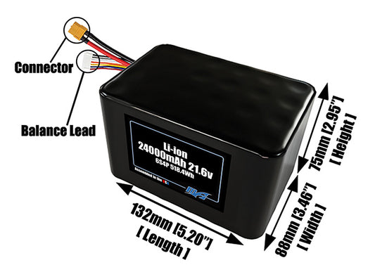 Size reference photo of the 24000mAh 21.6V lithium ion pack showing 132 mm by 88 mm by 75 mm dimensions ideal for drones or large robotic systems where space matters.