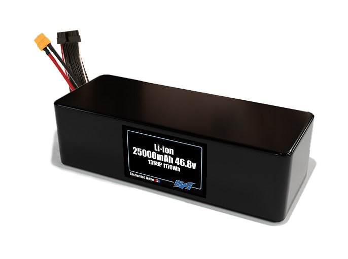 Compact 46.8-volt 25000mAh lithium-ion battery, built for lightweight drone, UAV, and robotics projects.