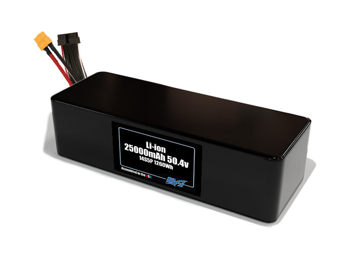 Compact 50.4-volt 25000mAh lithium-ion battery, built for lightweight drone, UAV, and robotics projects.