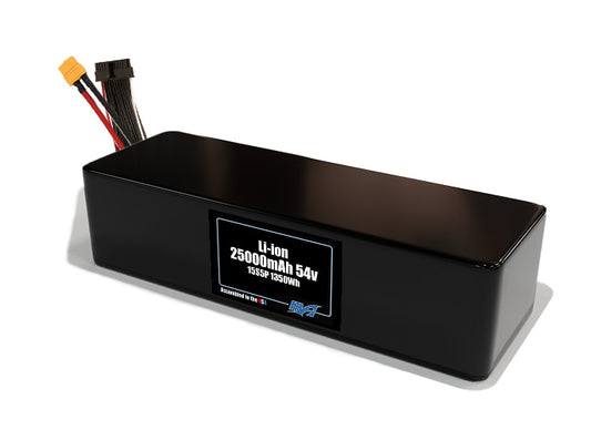Compact 54-volt 25000mAh lithium-ion battery, built for lightweight drone, UAV, and robotics projects.