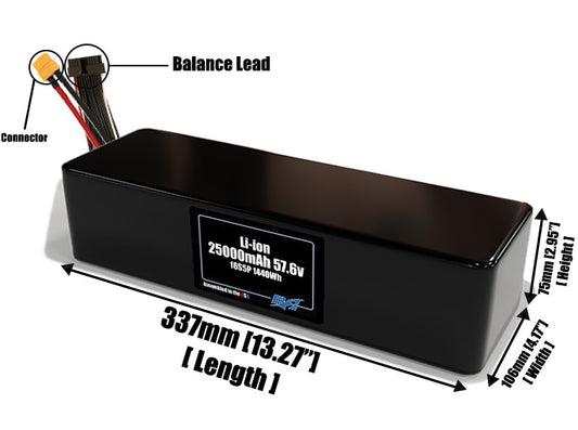 Size reference photo of the 25000mAh 57.6V lithium ion pack showing 337 mm by 106 mm by 75 mm dimensions ideal for drones or large robotic systems where space matters.