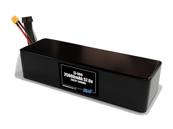 Compact 57.6-volt 25000mAh lithium-ion battery, built for lightweight drone, UAV, and robotics projects.