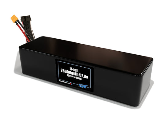 Compact 57.6-volt 25000mAh lithium-ion battery, built for lightweight drone, UAV, and robotics projects.