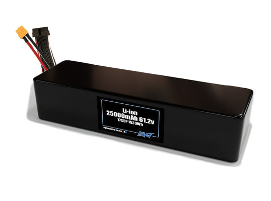 Compact 61.2-volt 25000mAh lithium-ion battery, built for lightweight drone, UAV, and robotics projects.