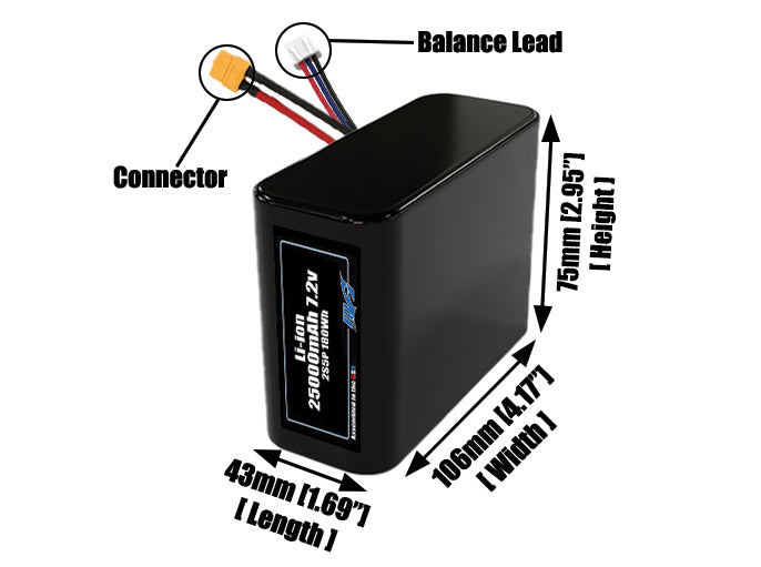 Size reference photo of the 25000mAh 7.2V lithium ion pack showing 43 mm by 106 mm by 75 mm dimensions ideal for drones or large robotic systems where space matters.