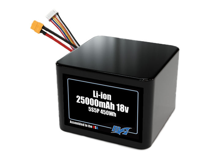 Compact 18-volt 25000mAh lithium-ion battery, built for lightweight drone, UAV, and robotics projects.