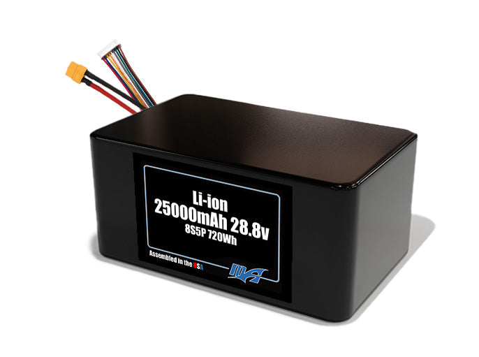 Compact 28.8-volt 25000mAh lithium-ion battery, built for lightweight drone, UAV, and robotics projects.