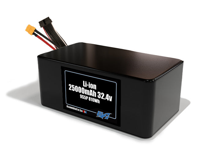 Compact 32.4-volt 25000mAh lithium-ion battery, built for lightweight drone, UAV, and robotics projects.