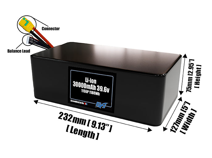 Size reference photo of the 30000mAh 39.6V lithium ion pack showing 232 mm by 127 mm by 75 mm dimensions ideal for drones or large robotic systems where space matters.