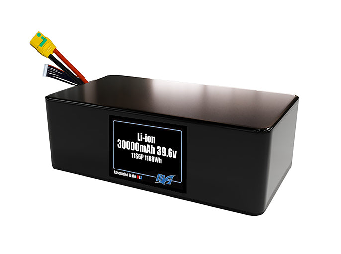 Compact 39.6-volt 30000mAh lithium-ion battery, built for lightweight drone, UAV, and robotics projects.