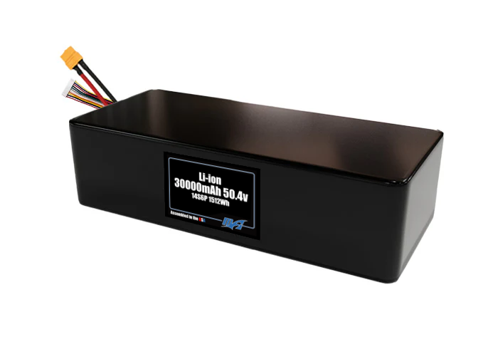 Compact 50.4-volt 30000mAh lithium-ion battery, built for lightweight drone, UAV, and robotics projects.