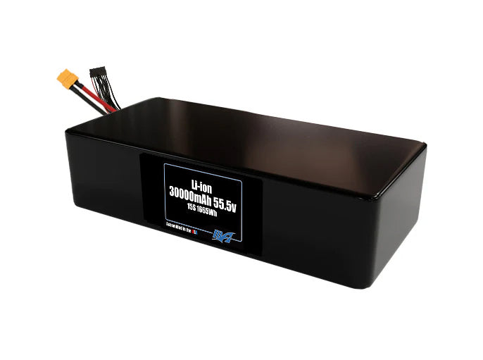 Compact 55.5-volt 30000mAh lithium-ion battery, built for lightweight drone, UAV, and robotics projects.