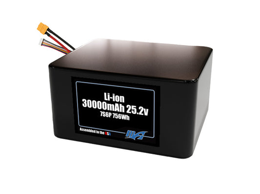 Compact 25.2-volt 30000mAh lithium-ion battery, built for lightweight drone, UAV, and robotics projects.