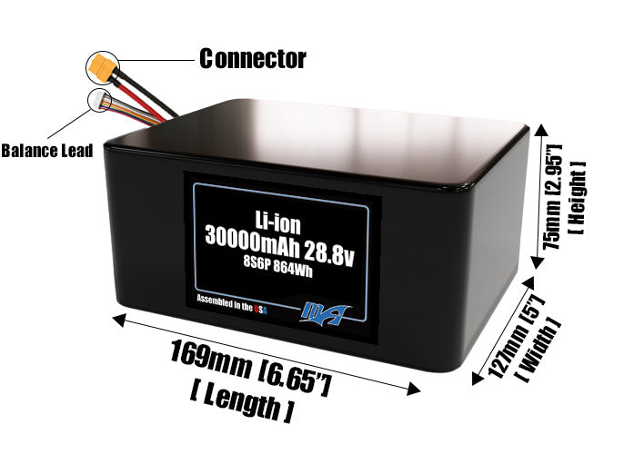Size reference photo of the 30000mAh 28.8V lithium ion pack showing 169 mm by 127 mm by 75 mm dimensions ideal for drones or large robotic systems where space matters.