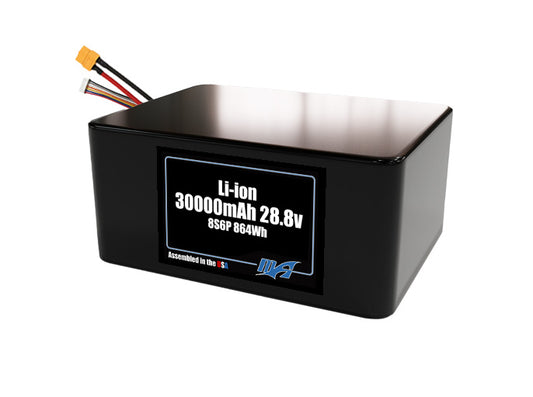 Compact 28.8-volt 30000mAh lithium-ion battery, built for lightweight drone, UAV, and robotics projects.