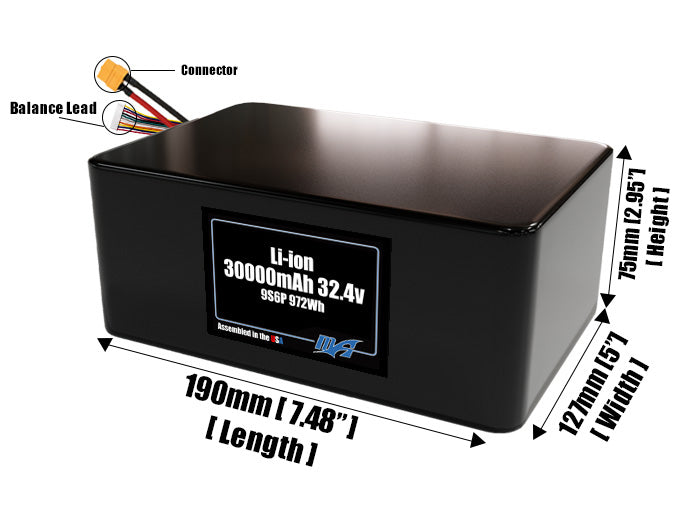 Size reference photo of the 30000mAh 32.4V lithium ion pack showing 190 mm by 127 mm by 75 mm dimensions ideal for drones or large robotic systems where space matters.