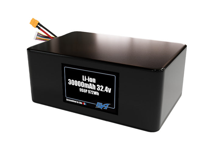 Compact 32.4-volt 30000mAh lithium-ion battery, built for lightweight drone, UAV, and robotics projects.