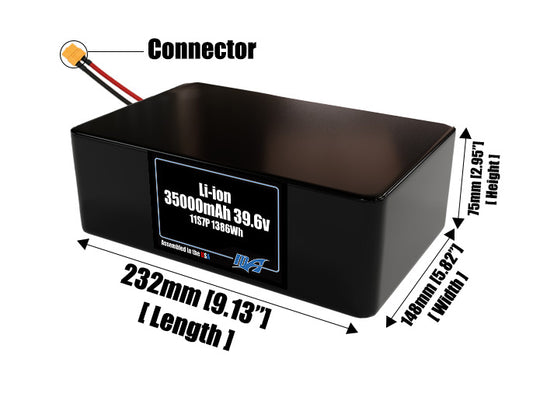 Size reference photo of the 35000mAh 39.6V lithium ion pack showing 232 mm by 148 mm by 75 mm dimensions ideal for drones or large robotic systems where space matters.
