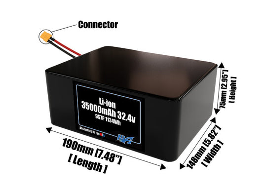 Size reference photo of the 35000mAh 32.4V lithium ion pack showing 190 mm by 148 mm by 75 mm dimensions ideal for drones or large robotic systems where space matters.