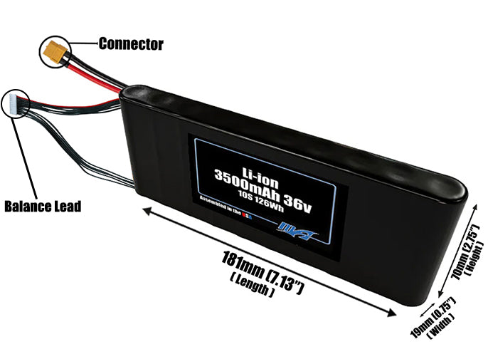 Size reference photo of the 3500mAh 36V Li-ion pack showing 181 mm by 19 mm by 70 mm dimensions ideal for drones or small robotic systems where space matters.