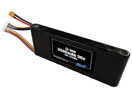 Compact 36-volt 3500mAh lithium-ion battery, built for lightweight drone, UAV, and robotics projects.