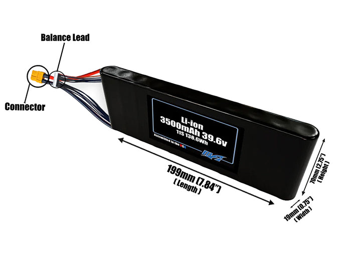 Size reference photo of the 3500mAh 39.6V Li-ion pack showing 199 mm by 19 mm by 70 mm dimensions ideal for drones or small robotic systems where space matters.