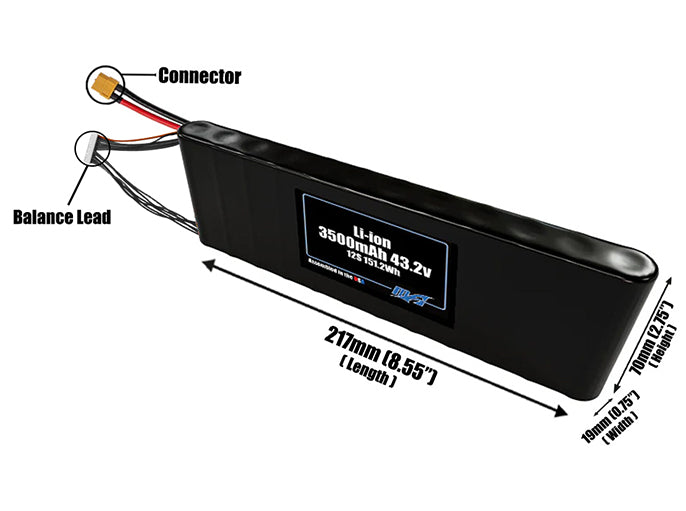 Size reference photo of the 3500mAh 43.2V Li-ion pack showing 217 mm by 19 mm by 70 mm dimensions ideal for drones or small robotic systems where space matters.