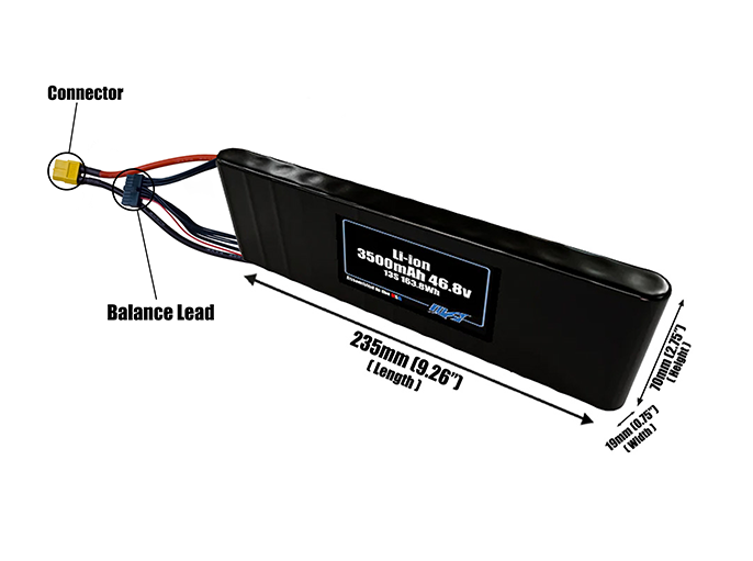 Size reference photo of the 3500mAh 46.8V Li-ion pack showing 235 mm by 19 mm by 70 mm dimensions ideal for drones or small robotic systems where space matters.
