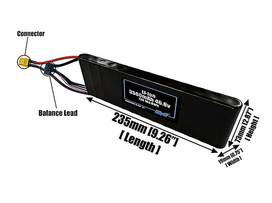 Size reference photo of the 3500mAh 46.8V Li-ion pack showing 235 mm by 19 mm by 73 mm dimensions ideal for drones or small robotic systems where space matters.