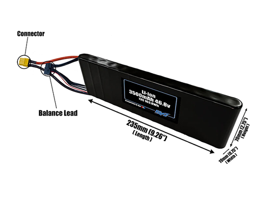 Size reference photo of the 3500mAh 46.8V Li-ion pack showing 235 mm by 19 mm by 70 mm dimensions ideal for drones or small robotic systems where space matters.