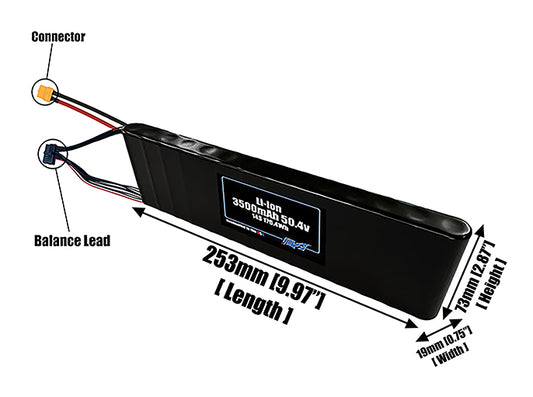 Size reference photo of the 3500mAh 50.4V Li-ion pack showing 253 mm by 19 mm by 73 mm dimensions ideal for drones or small robotic systems where space matters.