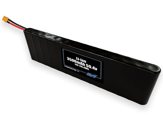 Compact 50.4-volt 3500mAh lithium-ion battery, built for lightweight drone, UAV, and robotics projects.