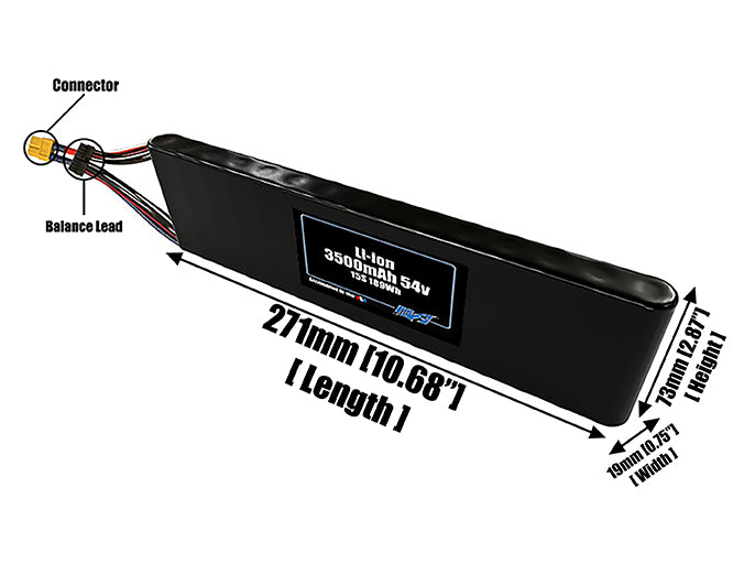 Size reference photo of the 3500mAh 54V Li-ion pack showing 271 mm by 19 mm by 73 mm dimensions ideal for drones or small robotic systems where space matters.