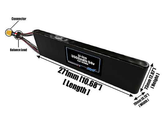Size reference photo of the 3500mAh 54V Li-ion pack showing 271 mm by 19 mm by 73 mm dimensions ideal for drones or small robotic systems where space matters.