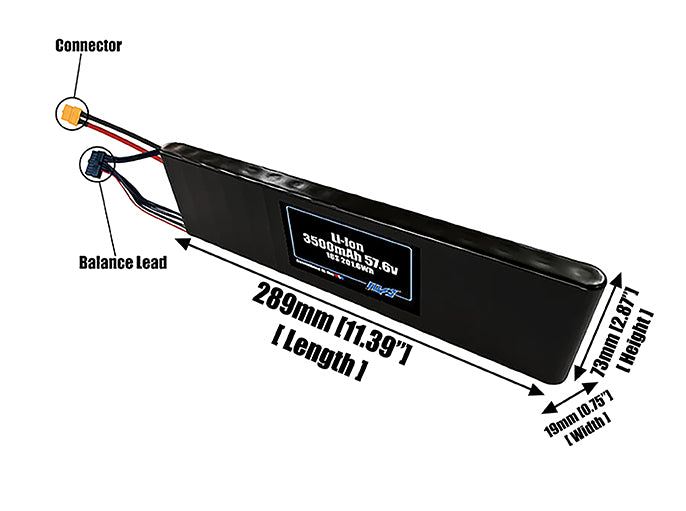 Size reference photo of the 3500mAh 57.6V Li-ion pack showing 289 mm by 19 mm by 73 mm dimensions ideal for drones or small robotic systems where space matters.
