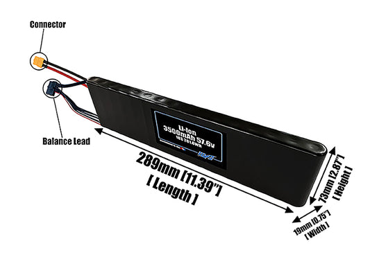 Size reference photo of the 3500mAh 57.6V Li-ion pack showing 289 mm by 19 mm by 73 mm dimensions ideal for drones or small robotic systems where space matters.