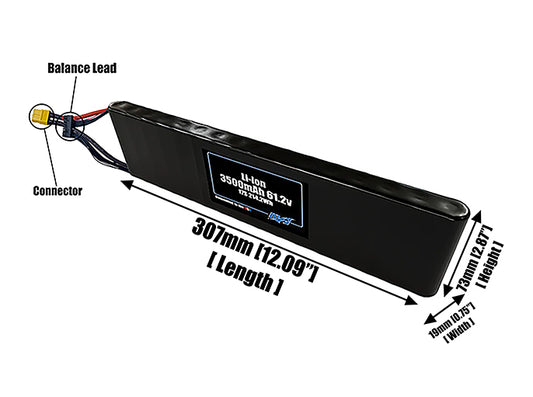 Size reference photo of the 3500mAh 61.2V Li-ion pack showing 307 mm by 19 mm by 73 mm dimensions ideal for drones or small robotic systems where space matters.