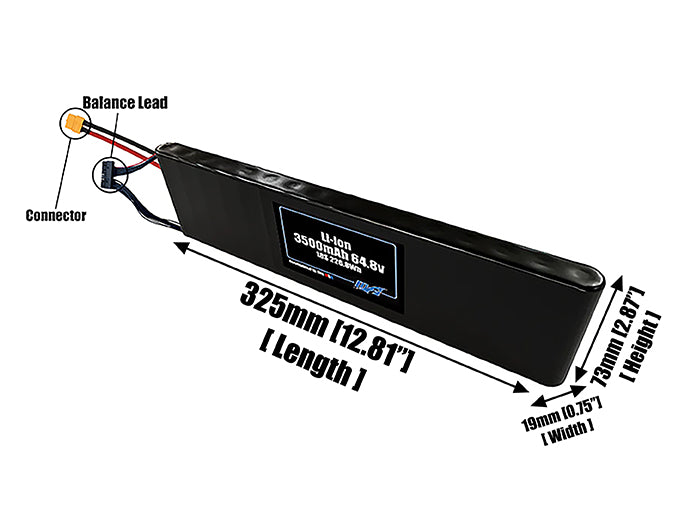 Size reference photo of the 3500mAh 64.8V Li-ion pack showing 325 mm by 19 mm by 73 mm dimensions ideal for drones or small robotic systems where space matters.