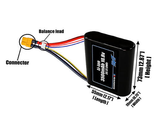 Size reference photo of the 3500mAh 10.8V Li-ion pack showing 55 mm by 19 mm by 73 mm dimensions ideal for drones or small robotic systems where space matters.