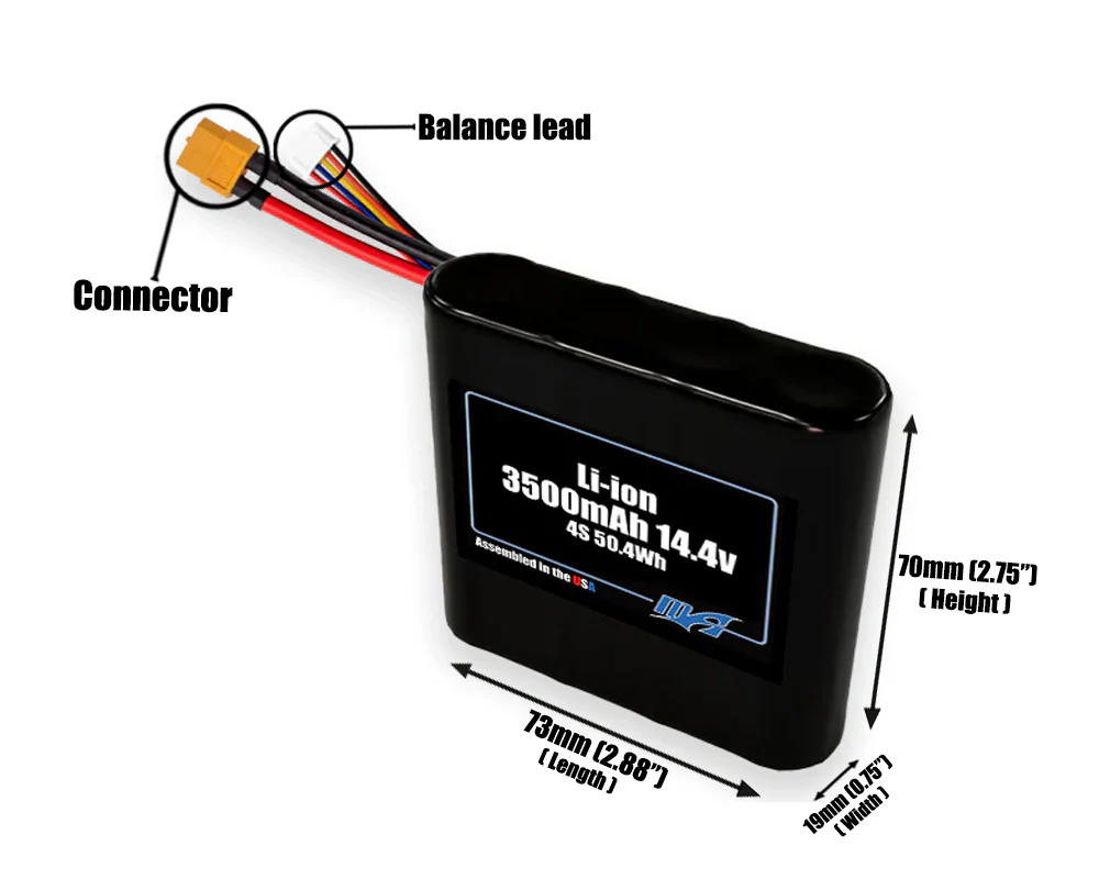 Size reference photo of the 3500mAh 14.4V Li-ion pack showing 73 mm by 19 mm by 70 mm dimensions ideal for drones or small robotic systems where space matters.