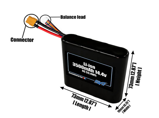 Size reference photo of the 3500mAh 14.4V Li-ion pack showing 73 mm by 19 mm by 73 mm dimensions ideal for drones or small robotic systems where space matters.