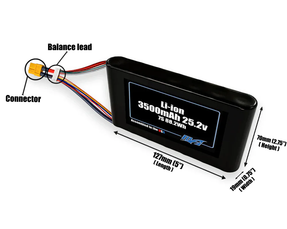 Size reference photo of the 3500mAh 25.2V Li-ion pack showing 127 mm by 19 mm by 70 mm dimensions ideal for drones or small robotic systems where space matters.