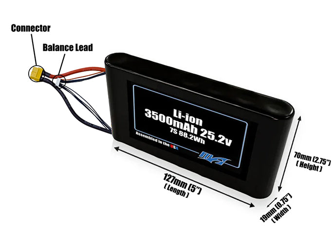 Size reference photo of the 3500mAh 25.2V Li-ion pack showing 127 mm by 19 mm by 70 mm dimensions ideal for drones or small robotic systems where space matters.