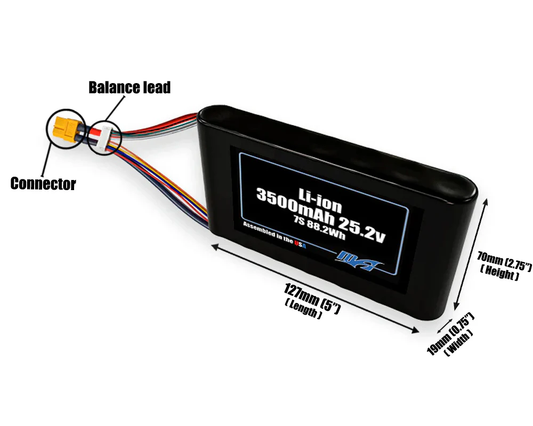 Size reference photo of the 3500mAh 25.2V Li-ion pack showing 127 mm by 19 mm by 70 mm dimensions ideal for drones or small robotic systems where space matters.