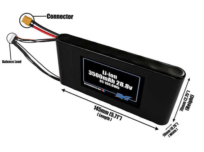 Size reference photo of the 3500mAh 28.8V lithium ion pack showing 145 mm by 19 mm by 70 mm dimensions ideal for drones or large robotic systems where space matters.