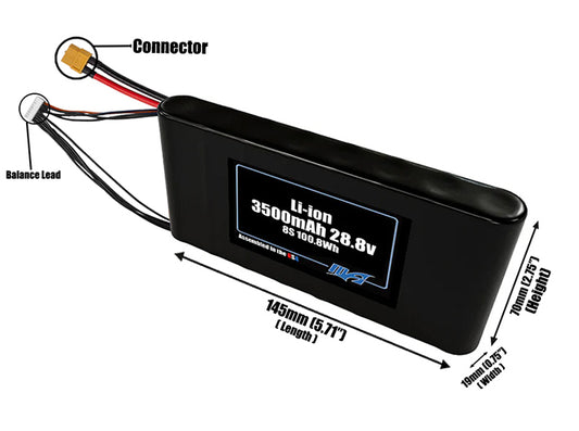 Size reference photo of the 3500mAh 28.8V lithium ion pack showing 145 mm by 19 mm by 70 mm dimensions ideal for drones or large robotic systems where space matters.