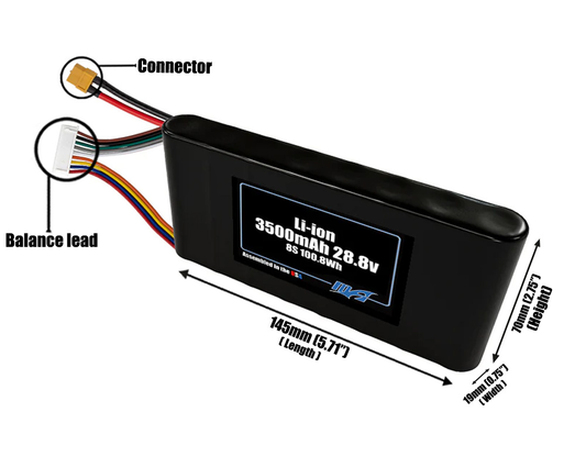 Size reference photo of the 3500mAh 28.8V Li-ion pack showing 145 mm by 19 mm by 70 mm dimensions ideal for drones or small robotic systems where space matters.